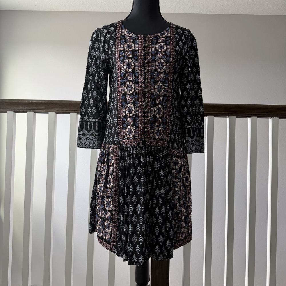 Anthropologie Vanessa Virginia Kaleidoscope Black Red Shirt Dress XS Embroidered